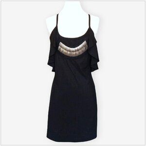 TEA/F Black Beaded Ruffle Edena Scoop Neck Stretch Slip Dress $180 NEW NWT L